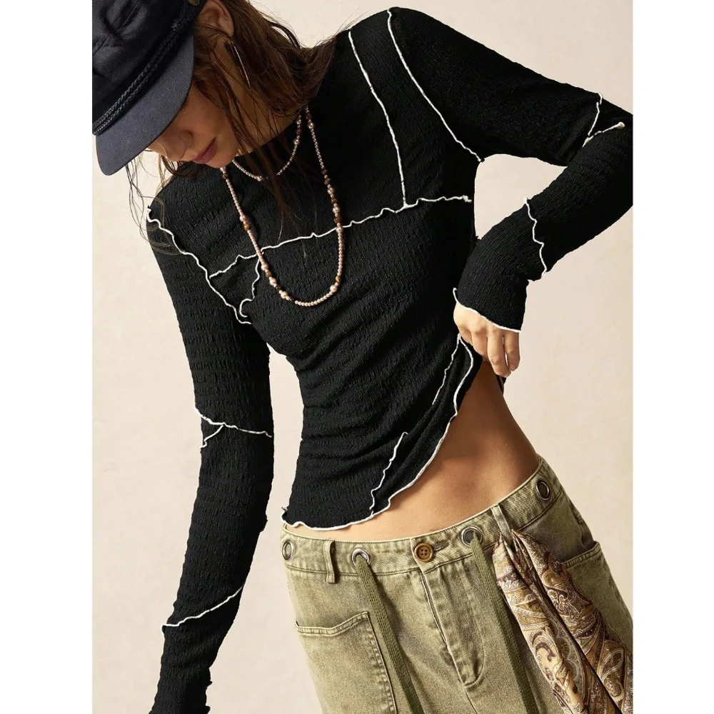 Black Long Sleeve Tee Contrast Outside Stitch Shirt